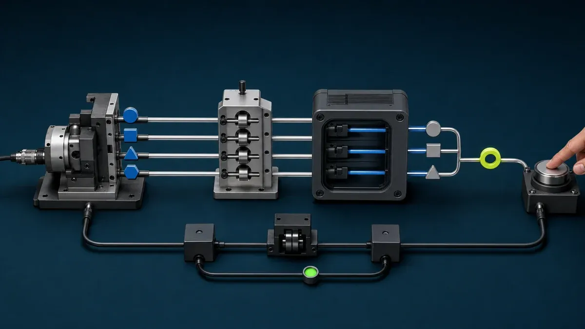 Selected machine signals passing through a local edge application into a review-ready production result while the control loop stays separate
