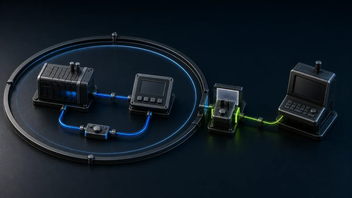 A local PLC and HMI control loop protected inside the OT boundary, with remote support passing through a gated access zone