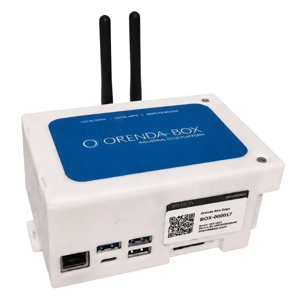 Real OrendaBox edge device with its front ports and two antennas visible
